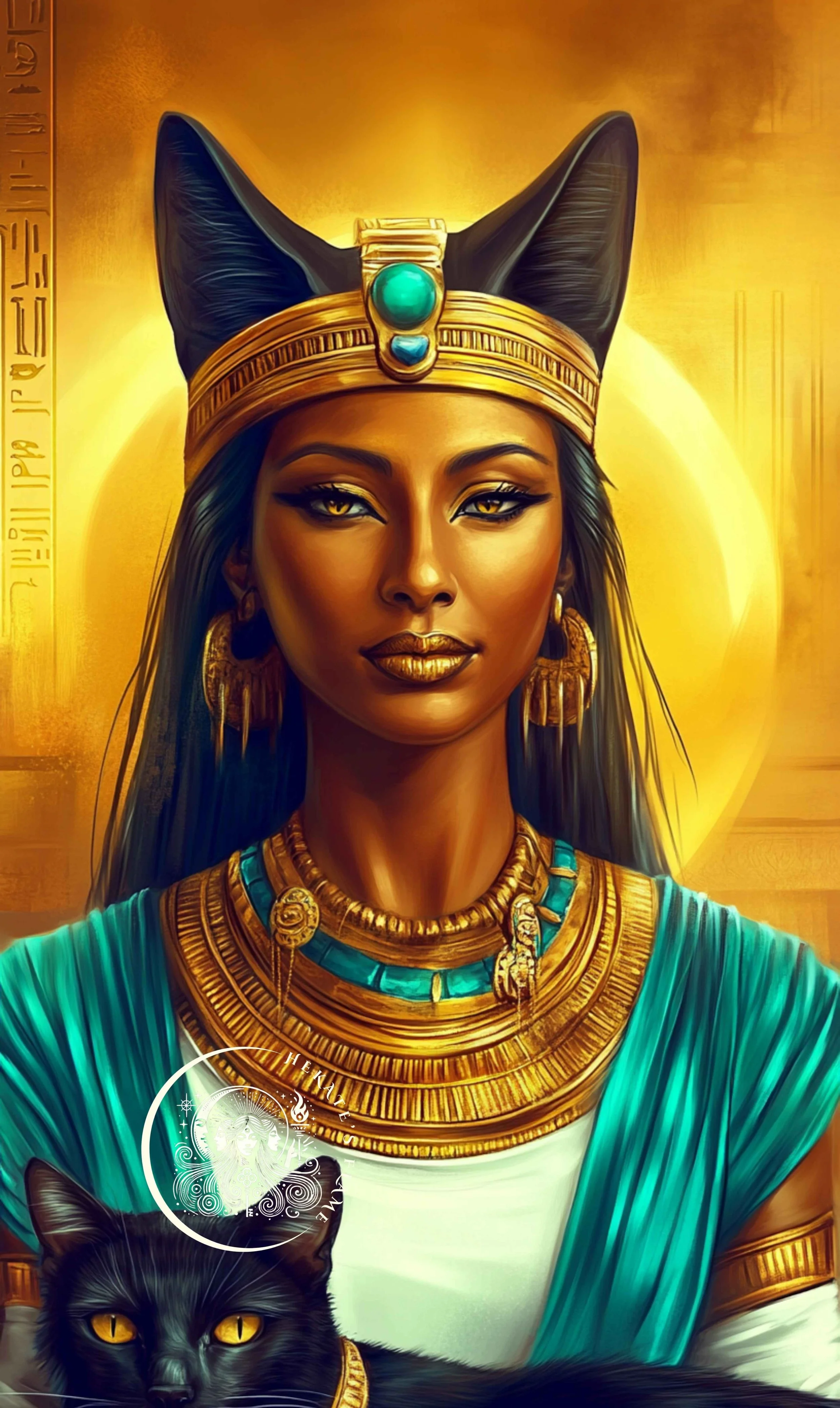 Powerful Bastet candle portrait featuring radiant jewelry and traditional Egyptian symbolism.