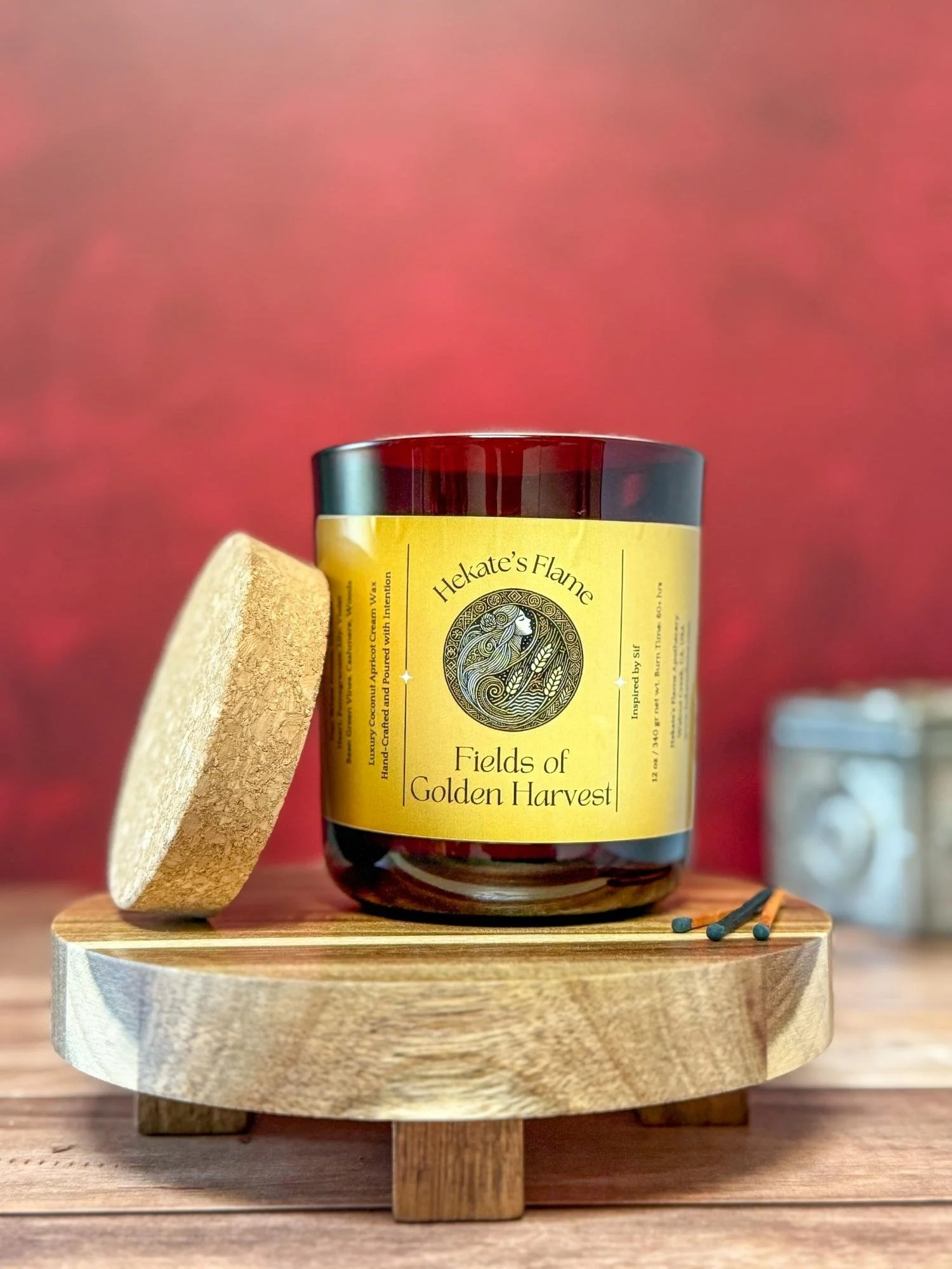 Wine red translucent Sif candle with cork lid – luxury Norse mythology candle, hand poured in coconut apricot wax.