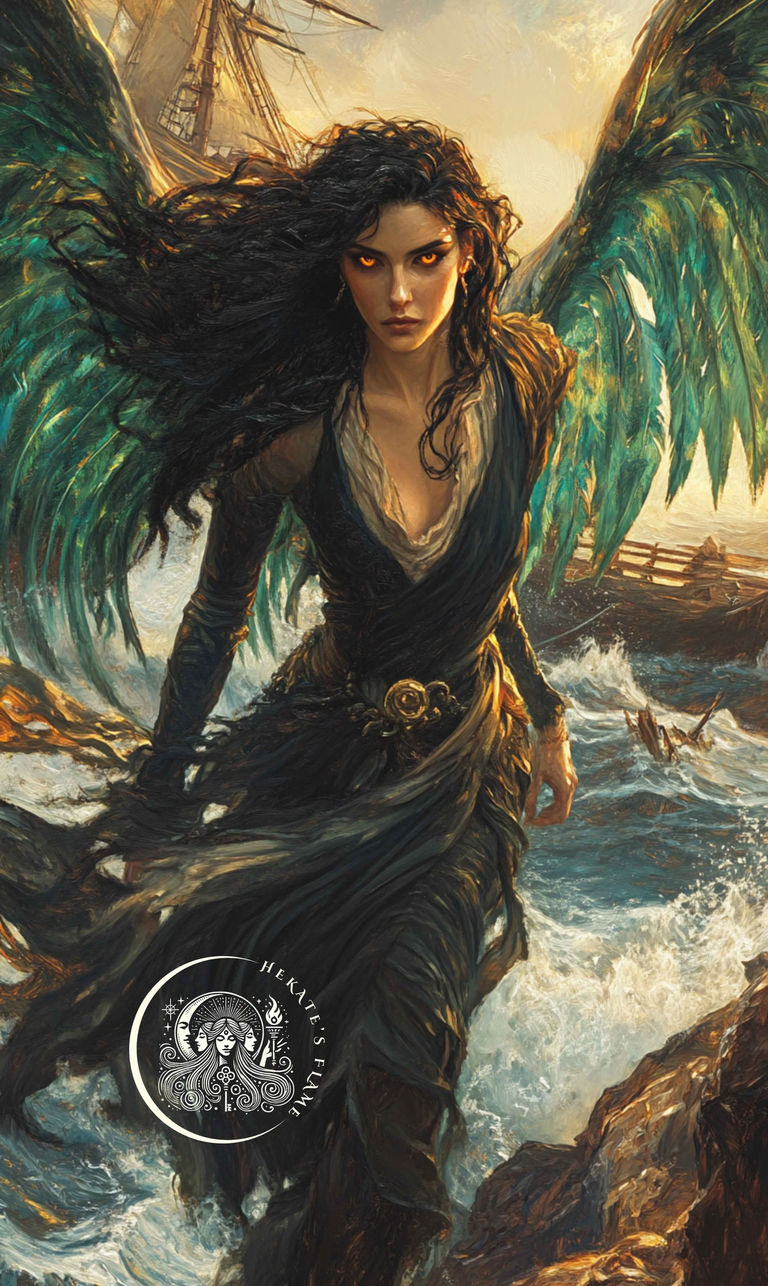 Soft gaze of a Siren as she hovers near churning seas for a mythological ocean candle.