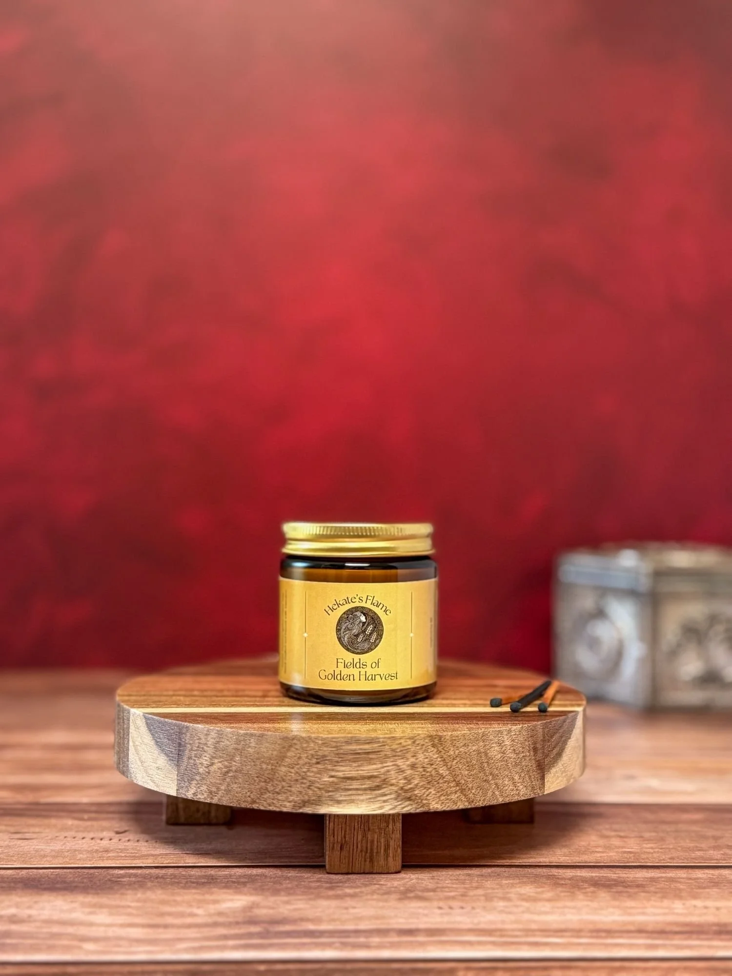 Small amber glass jar with gold lid, Sif Norse mythology candle, handmade coconut apricot wax luxury candle.