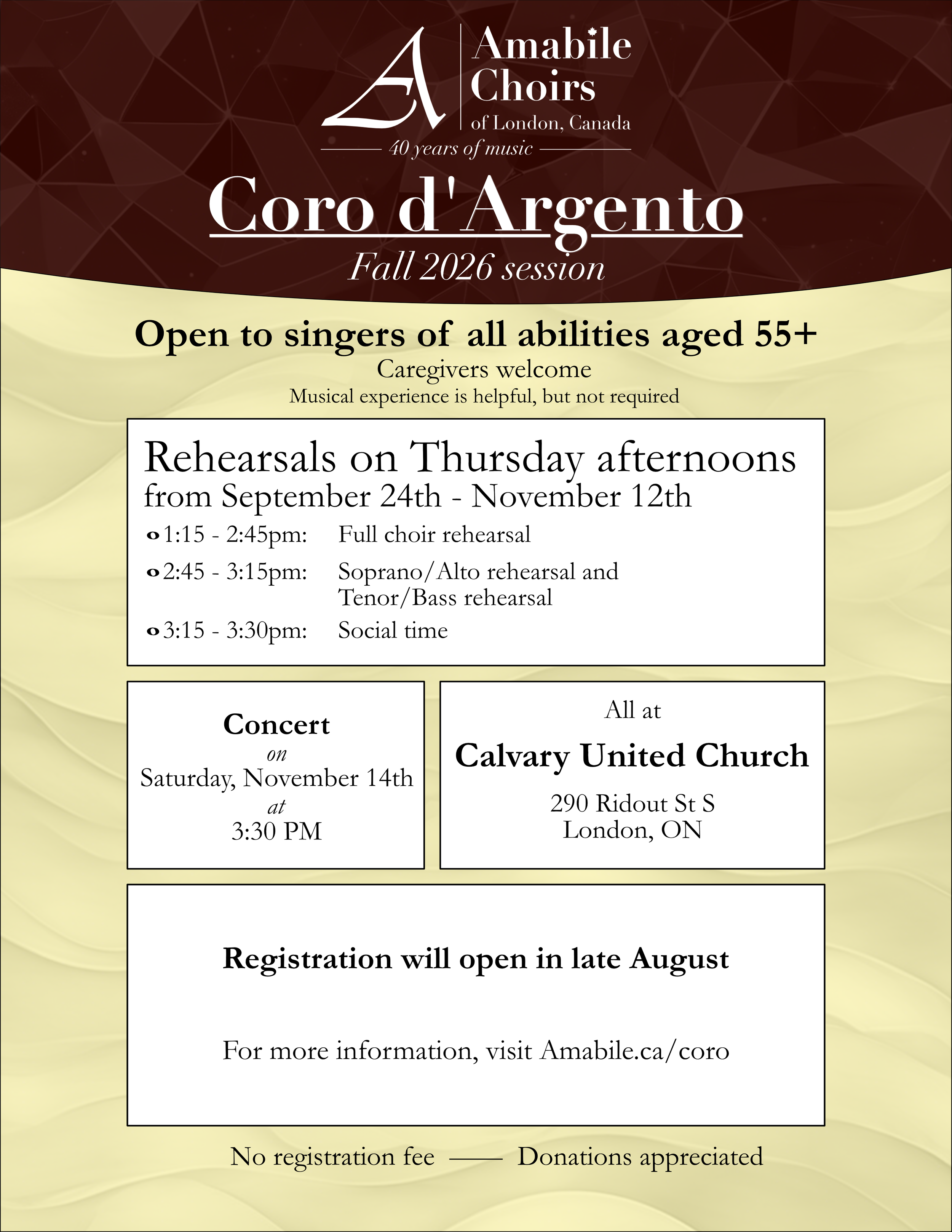 Registration for Coro d'Argento's fall 2026 session will open in late August. Coro d'Argento is open to singers of all abilities aged 55+ and there is no registration fee (though donations are appreciated).