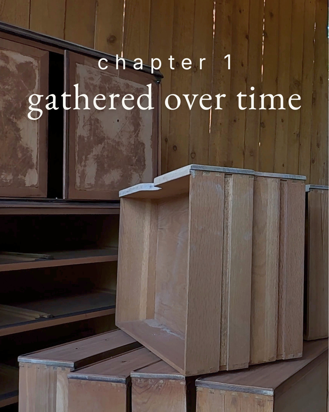 vintage wooden furniture gathered for the guestroom, with chapter 1 title “gathered over time” overlaid