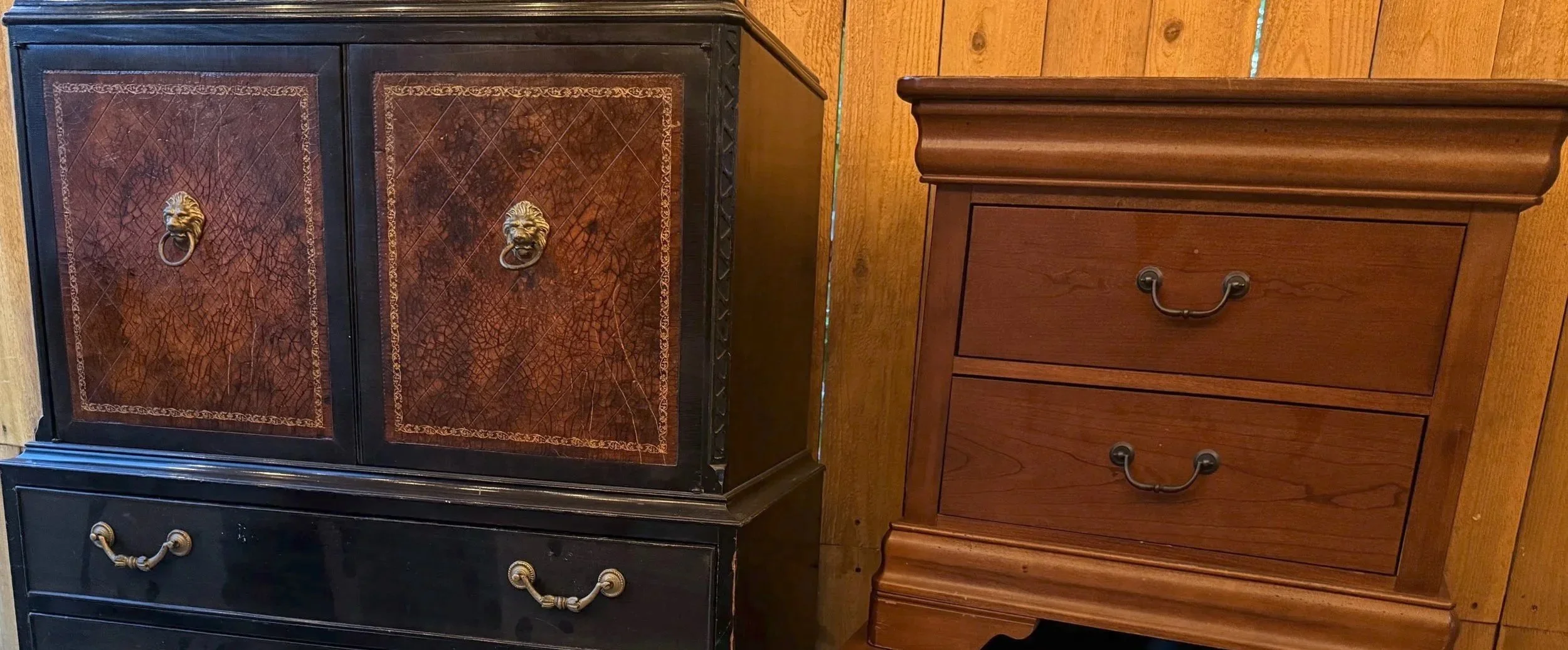restored vintage dresser and wooden nightstand standing side by side