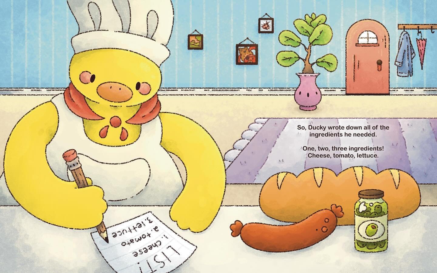 Some Ducky&rsquo;s Sub Story spreads 🥪🐥

Swipe for more! &mdash;&gt;

Just two full colored spreads of Ducky making a list and then coming home from the grocery store! The last pic is a spread of spots, each showing you the next step in making a sa
