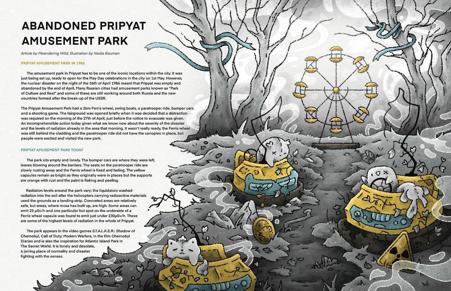 Pripyat! 🧸🎡

Swipe for details! &mdash;&gt;

Happy that I finally have an editorial piece that I&rsquo;m proud of to put in my portfolio ٩( ᐛ )و!! Not only was working in this very limited of a color palette enjoyable, but I&rsquo;m pleased that I 