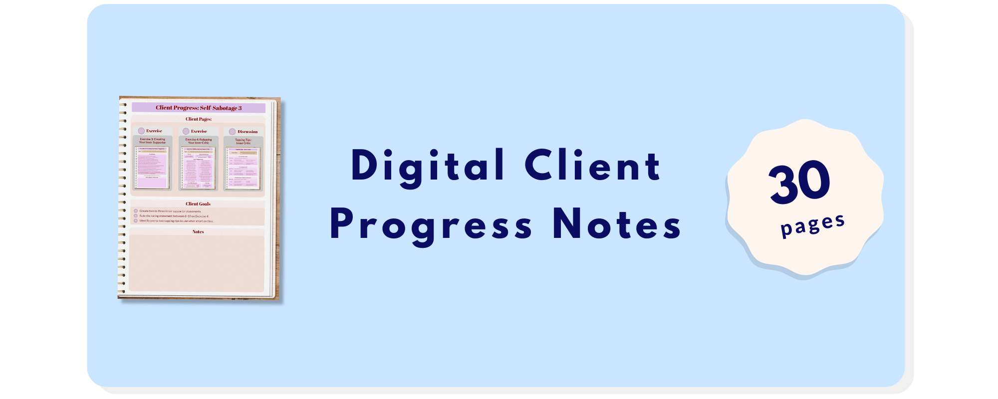 A digital notebook with Client Progress Notes and text: Digital Client Progress Notes, 30 pages, on a light blue background.
