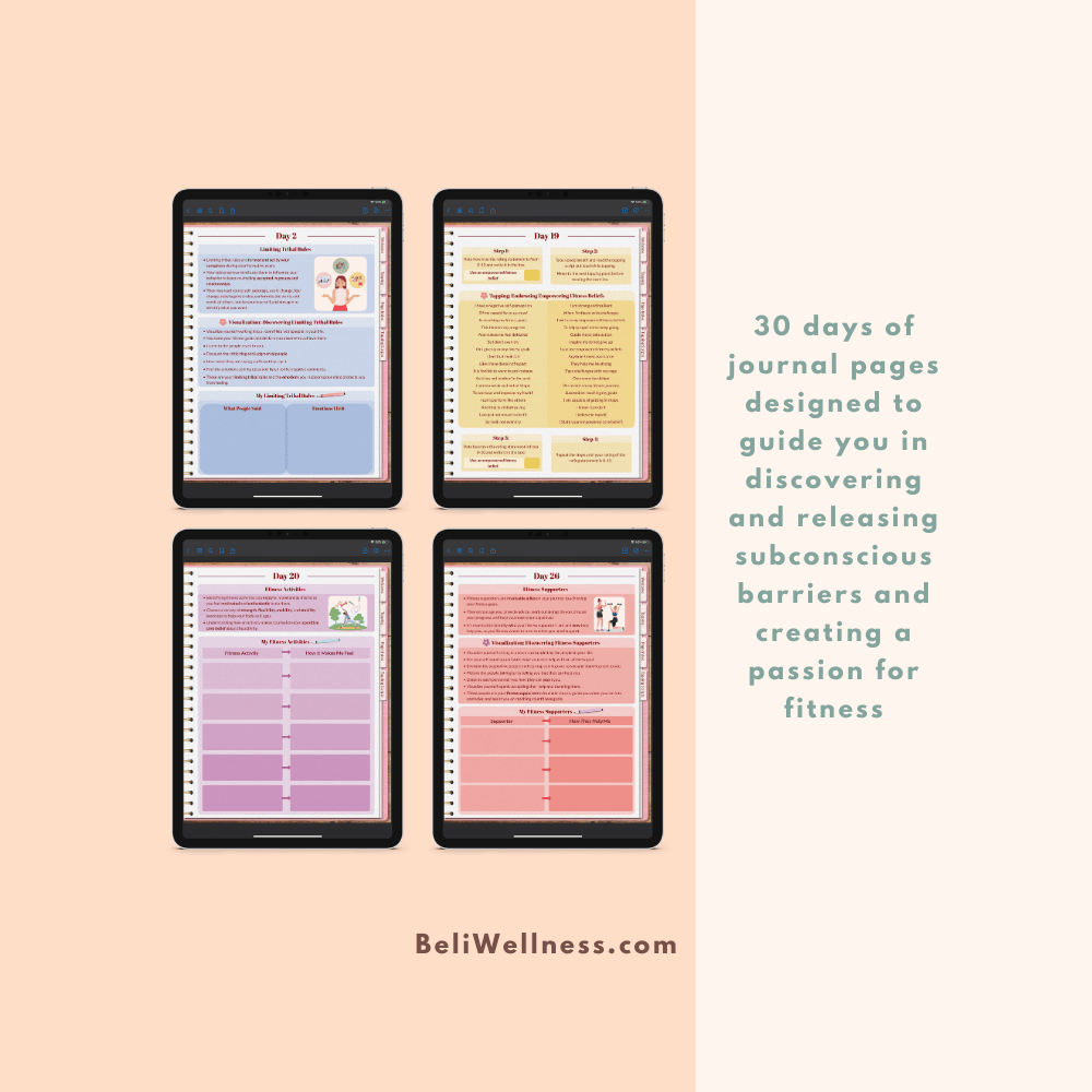Four tablets display colorful journal pages for self-discovery and fitness. Text on the right highlights a 30-day program. Background is peach.