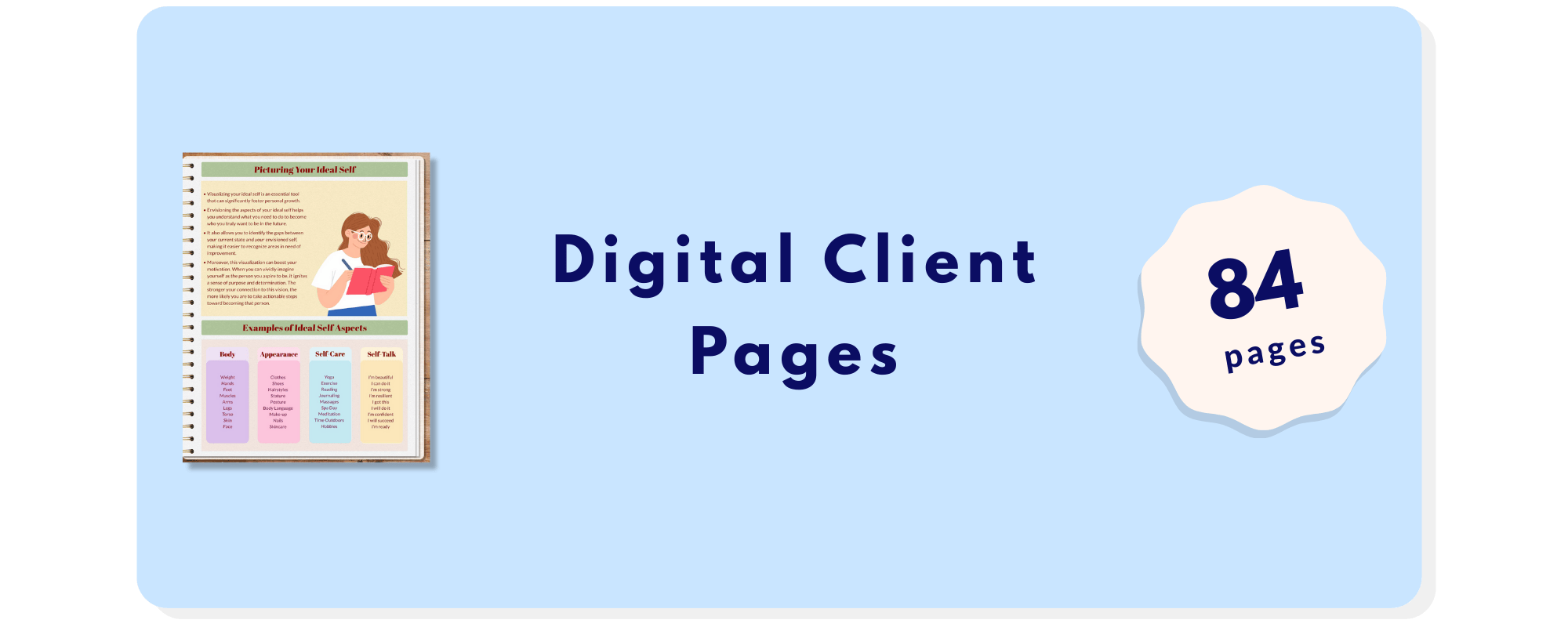 A graphic showing a digital planner, text “Digital Client Pages,” and a badge reading “84 pages” on a light blue background.