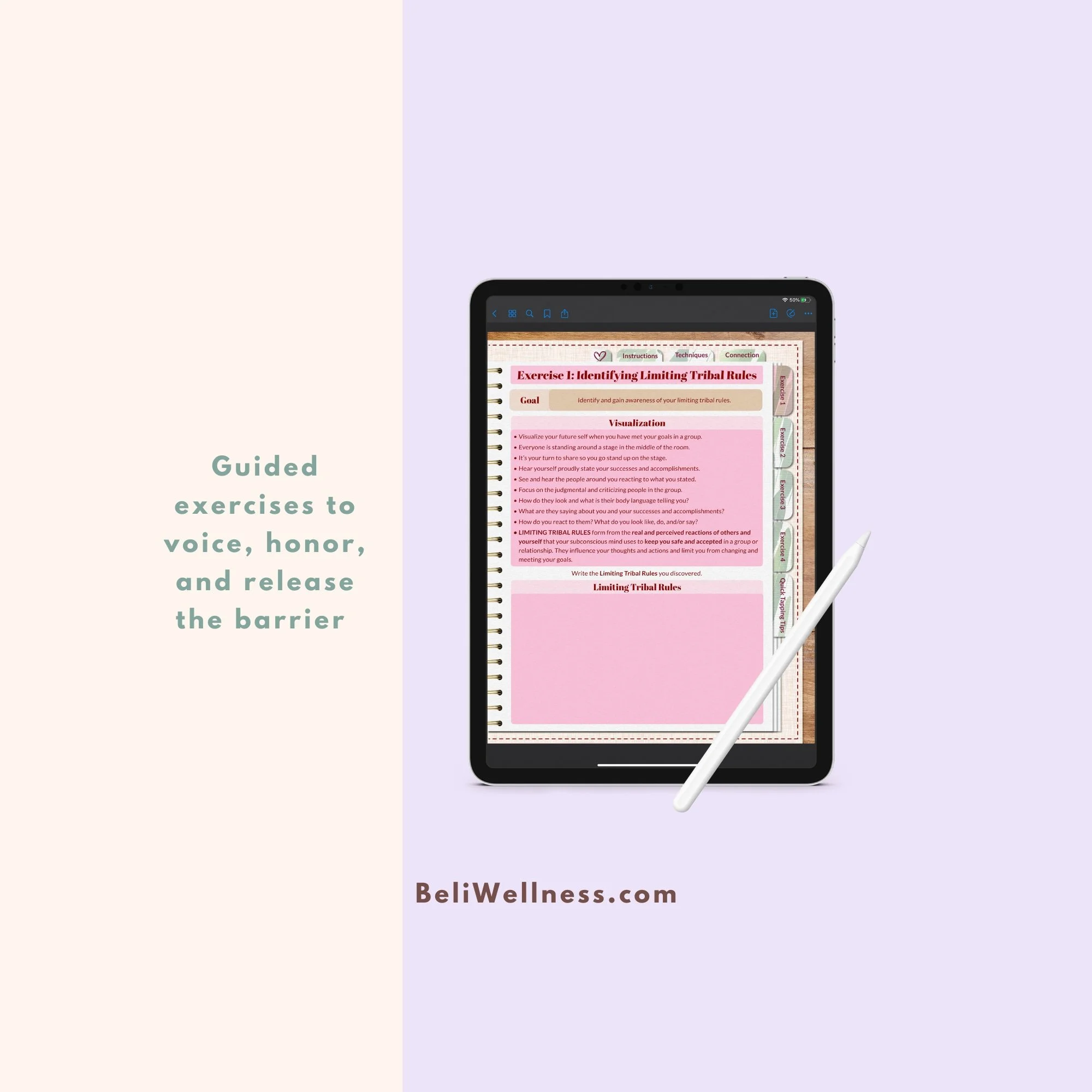 Tablet displaying a pink wellness exercise titled “Identifying Limiting Tribal Roles.” Text beside reads: "Guided exercises to voice, honor, and release the barrier." Website link below.