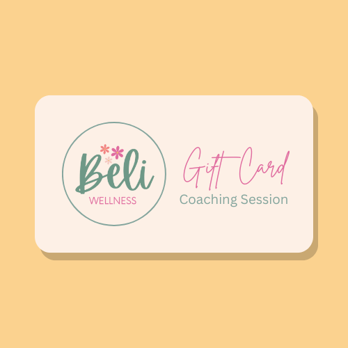 Gift card design with "Beli Wellness" logo featuring soft pink flowers. Text reads "Gift Card Coaching Session." Soft pastel colors create a calming tone.