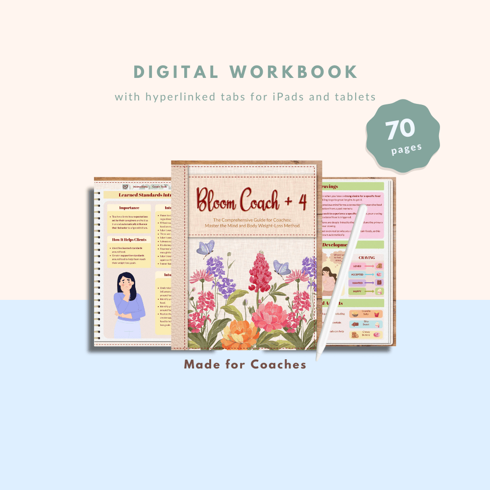 Digital workbook cover titled "Bloom Coach" with floral design, alongside pages featuring diagrams and a cartoon figure. Text highlights 70 pages and tablet compatibility. Cozy and informative tone.
