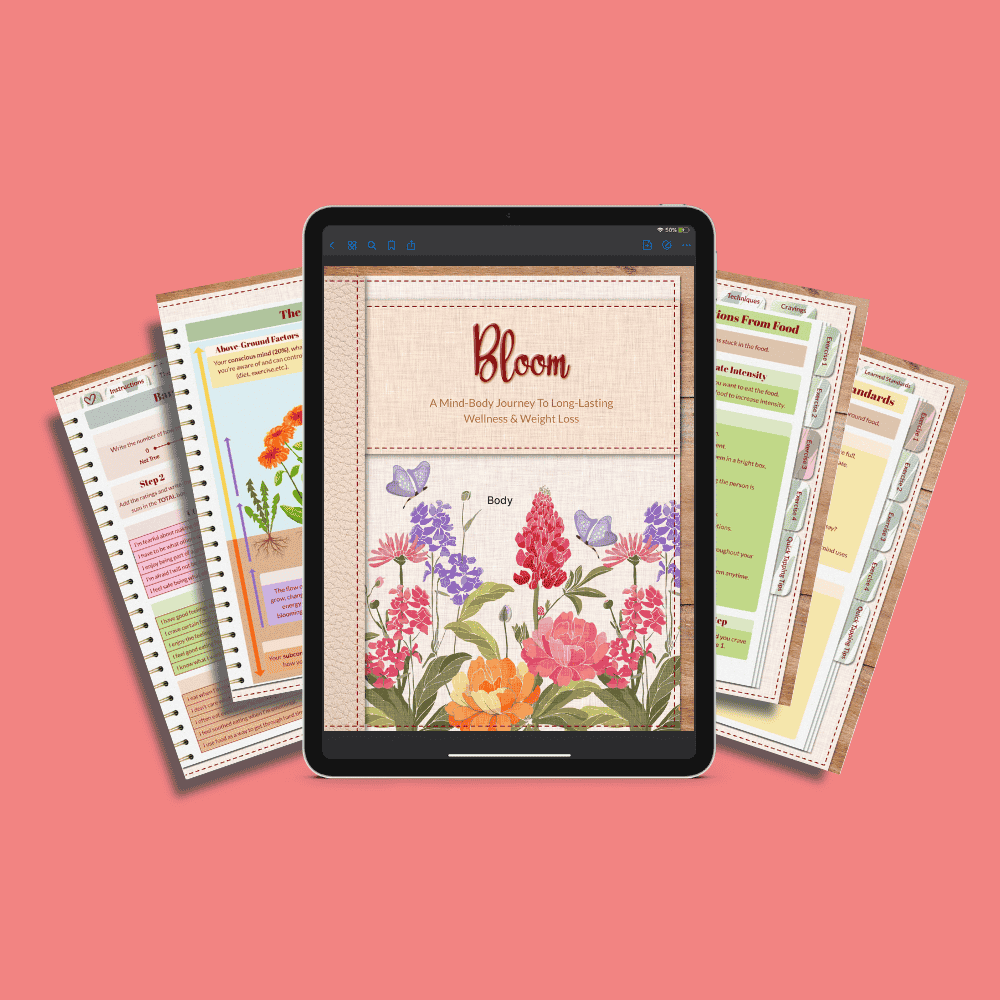 An iPad displays a floral wellness journal titled Bloom, surrounded by colorful, illustrated planner pages on a pink background.
