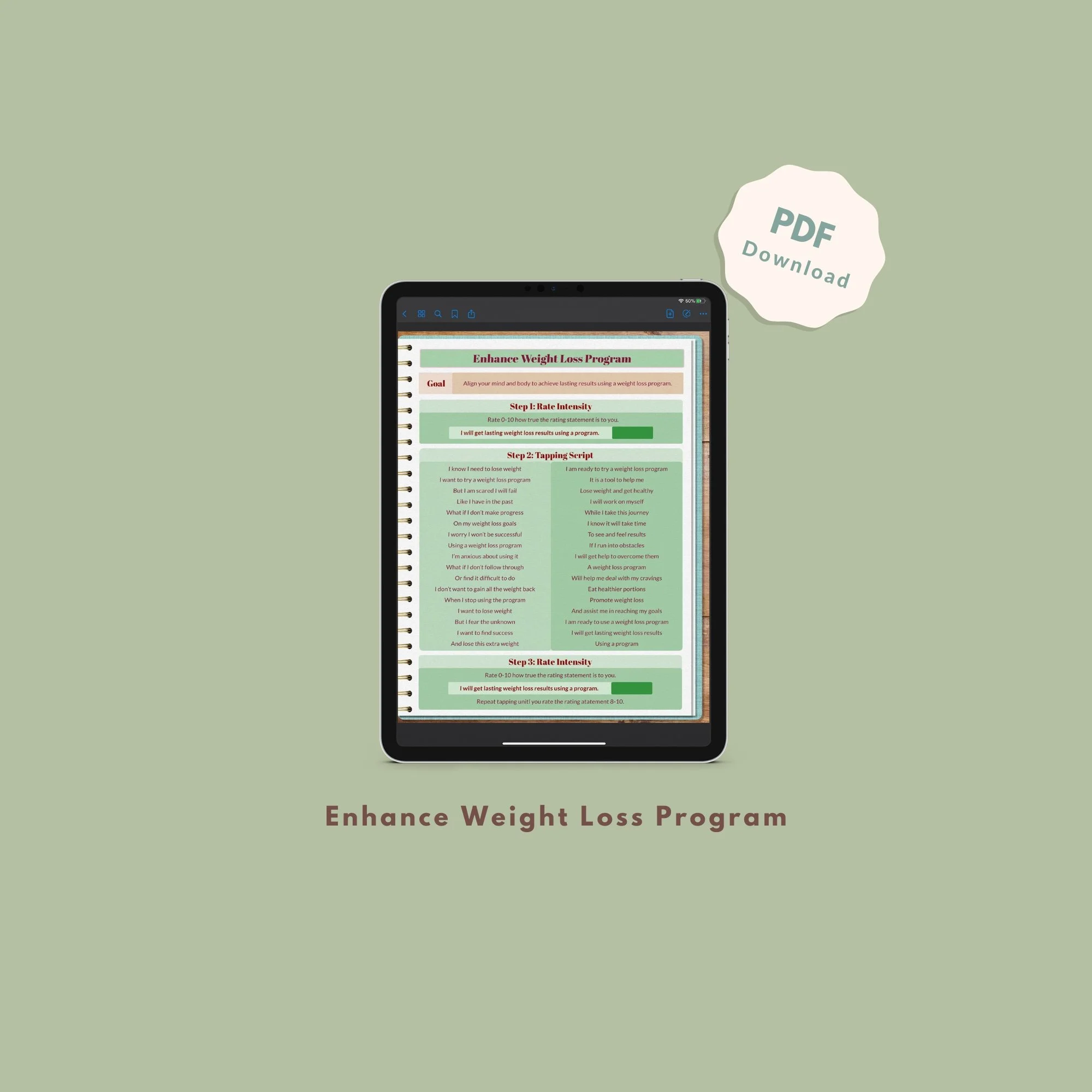 Tablet displaying a "Enhance Weight Loss Program" document with green sections. A "PDF Download" icon is on the right. Background is light green.