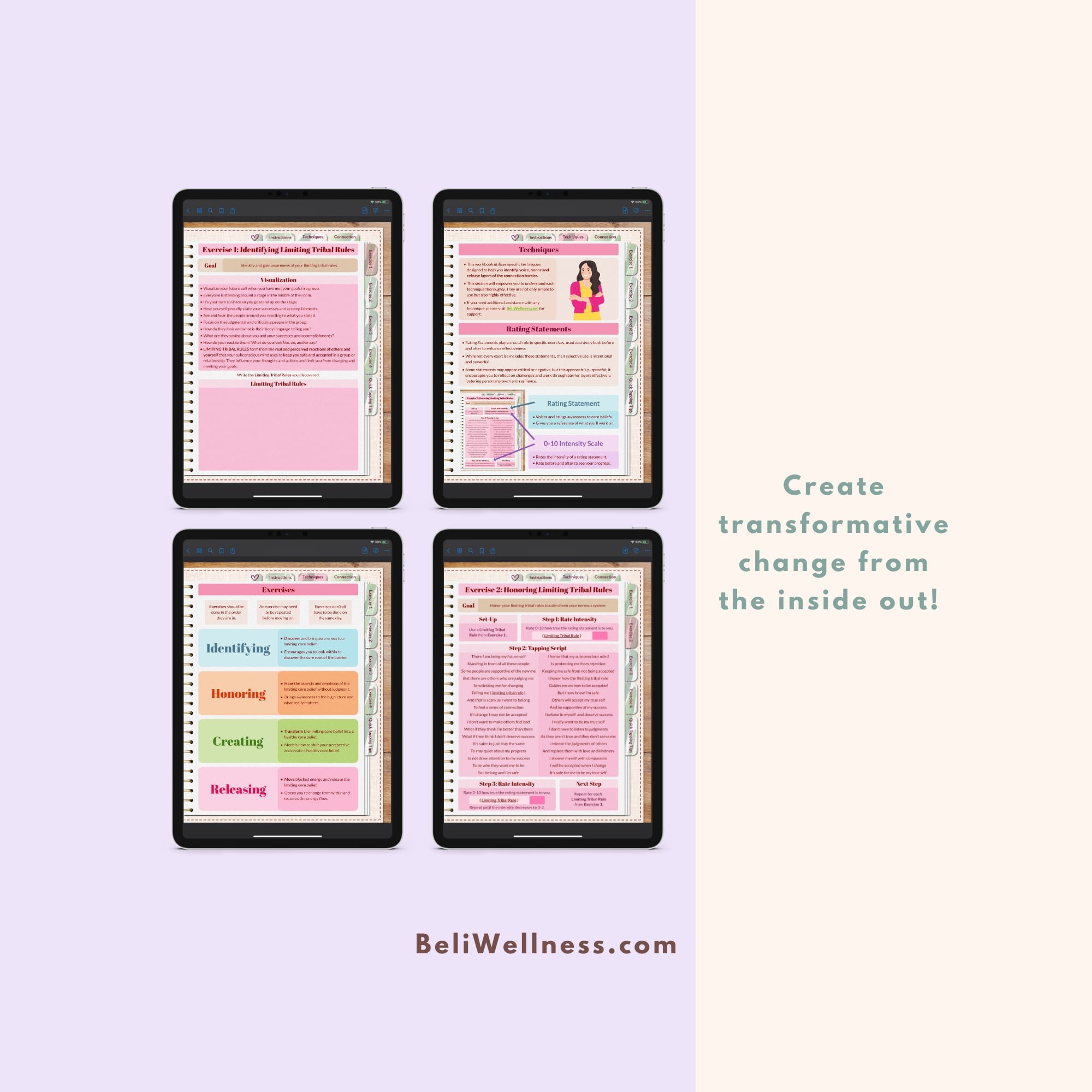 Four tablets display wellness exercises with colorful sections and text on pink backgrounds. The message reads, "Create transformative change from the inside out!"