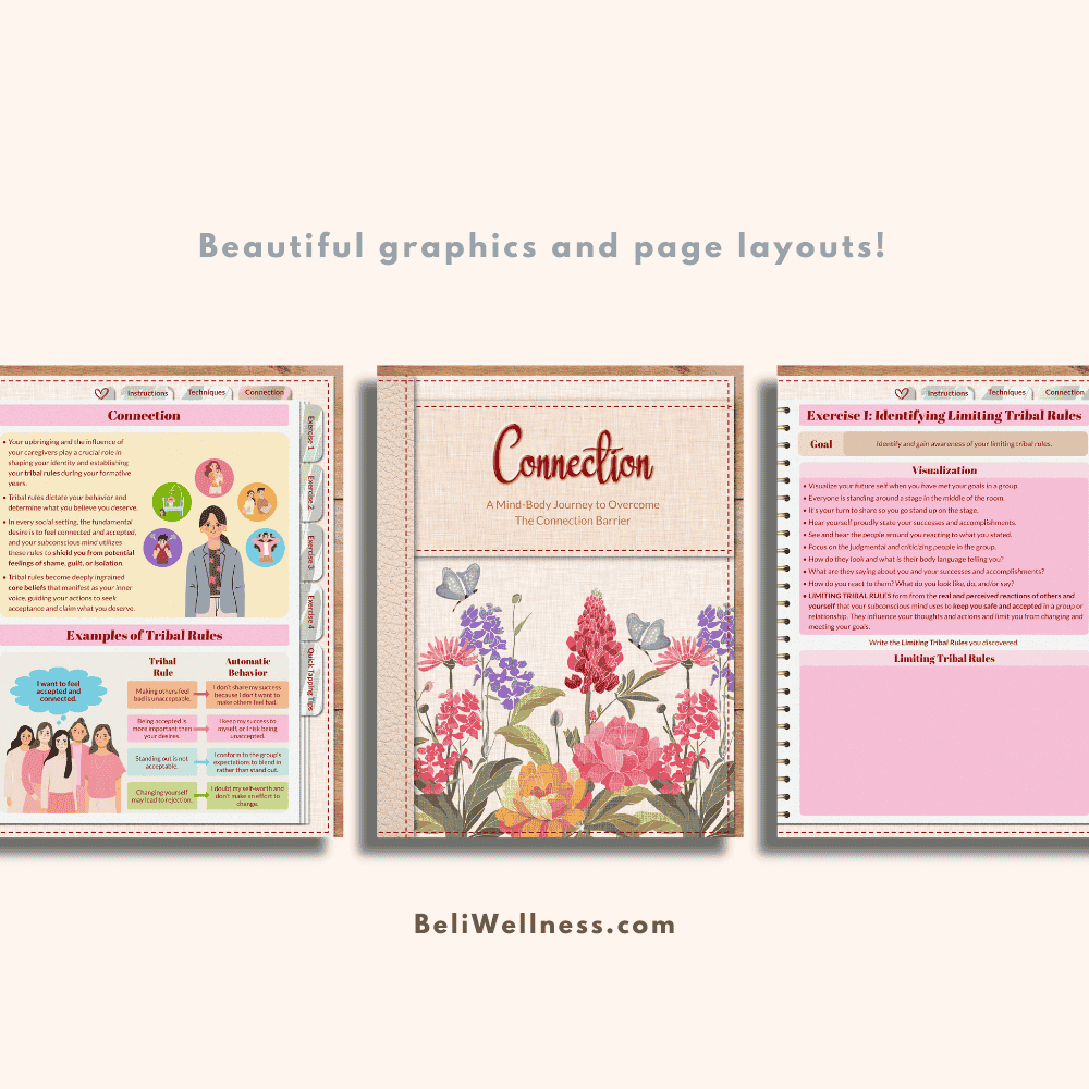The image displays three pages from a wellness guide. The center cover features "Connection" with floral art. Side pages highlight exercises and tribal rules on pink backgrounds.