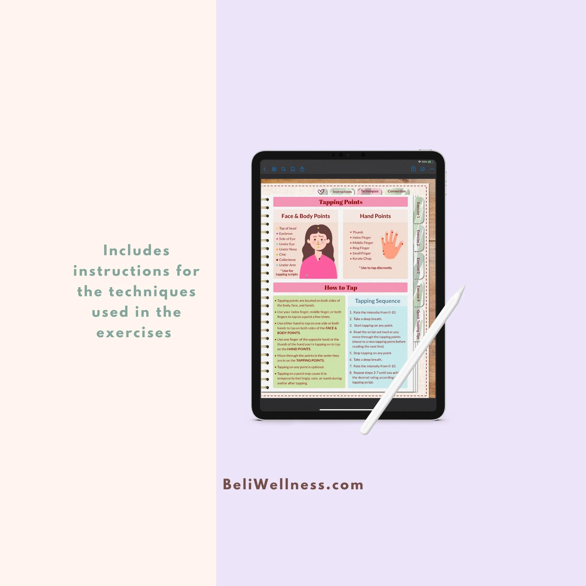 Tablet displaying a wellness guide on tapping techniques with illustrations. Text reads, "Includes instructions for the techniques used in the exercises." BeliWellness.com is shown below.