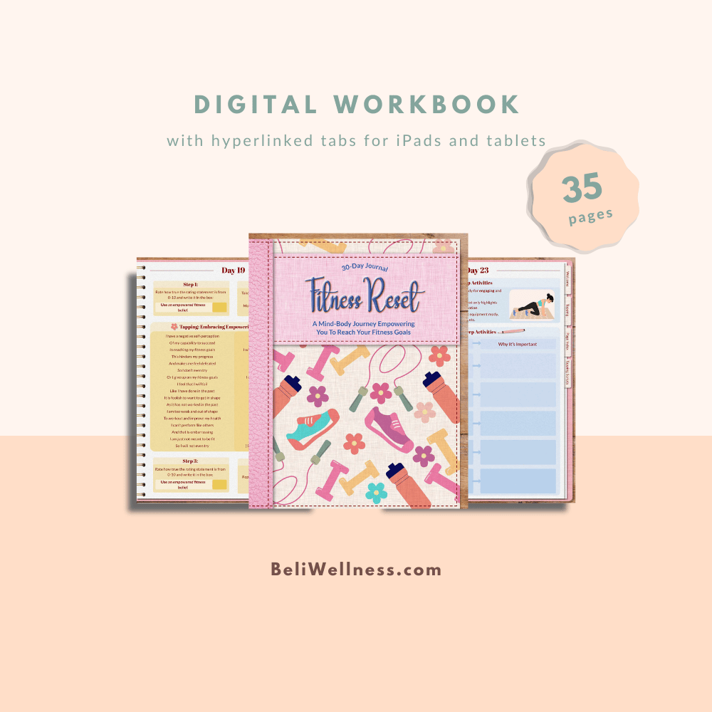 Digital workbook cover titled "Fitness Reset" with colorful icons of sneakers and dumbbells. Includes 35 pages and is designed for iPads and tablets.