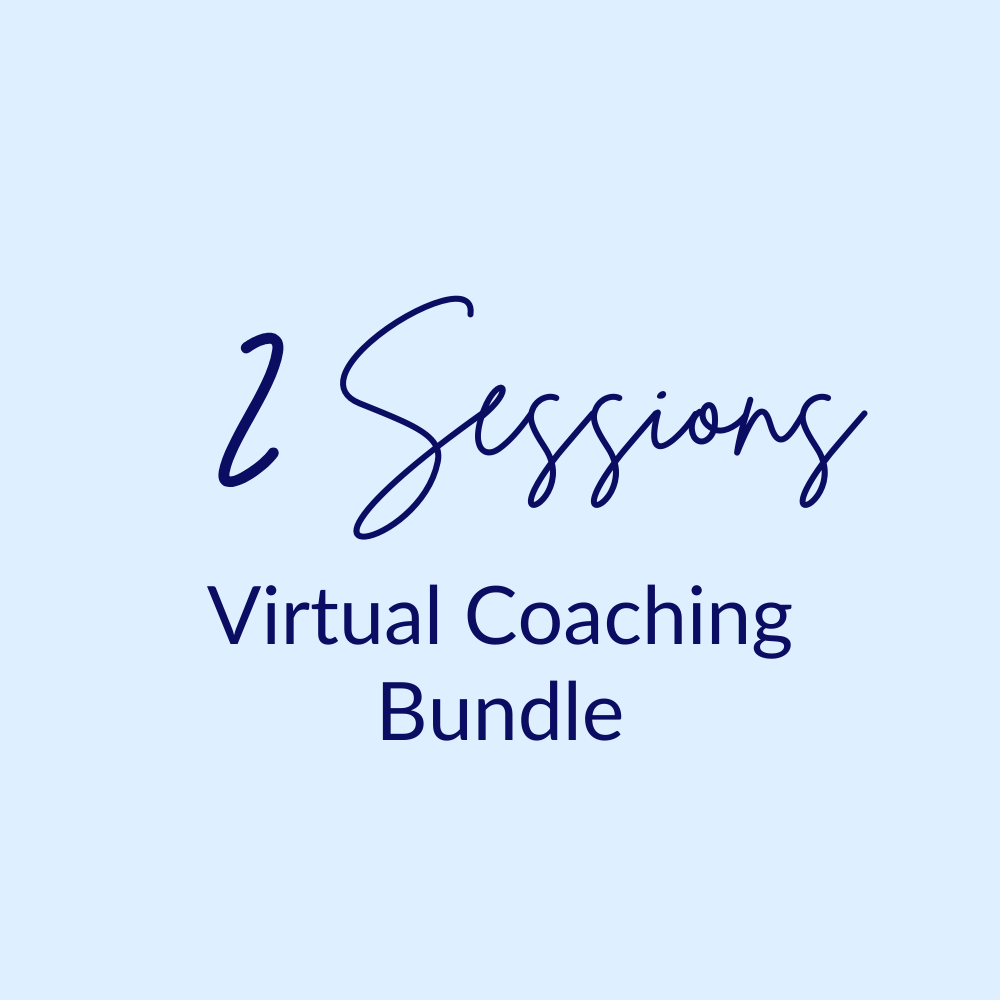 Text on a light blue background reads "2 Sessions" in elegant script and "Virtual Coaching Bundle" in bold font, suggesting a professional tone.