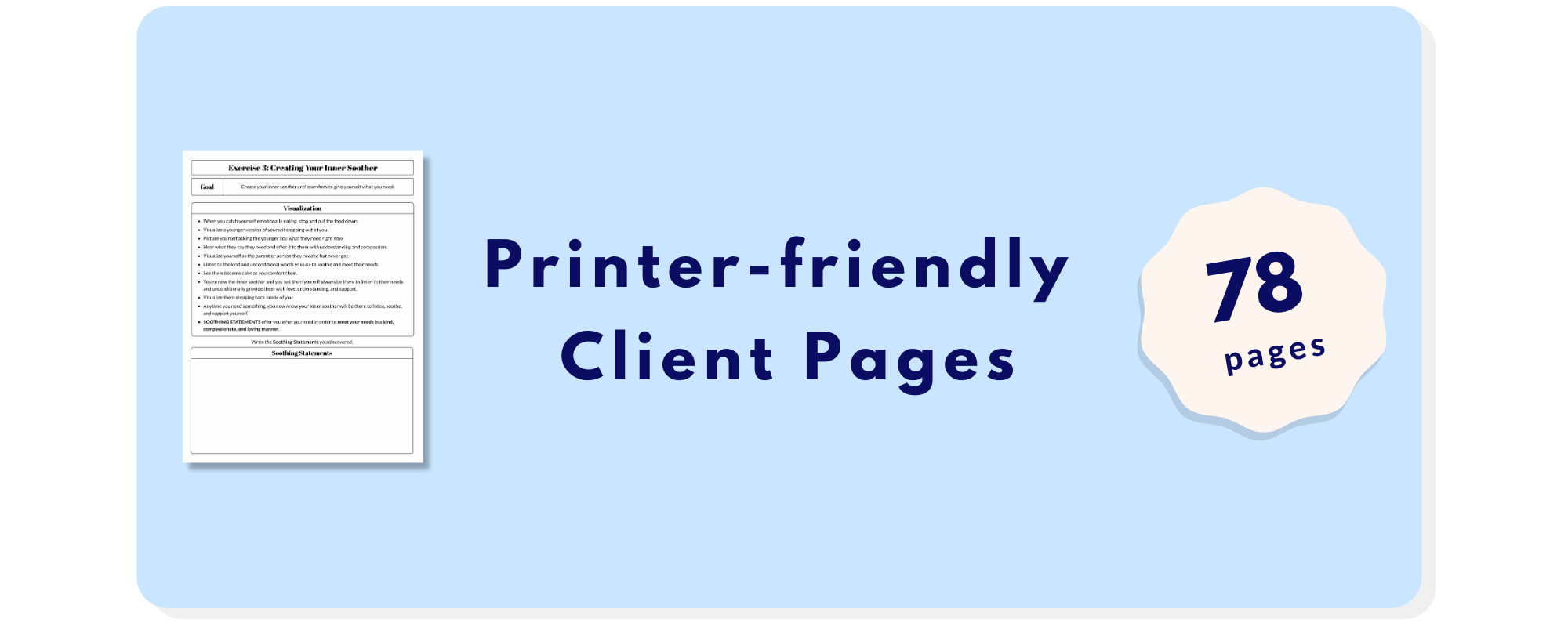 A graphic showing Printer-friendly Client Pages with an icon of a document and a badge reading 78 pages on a blue background.