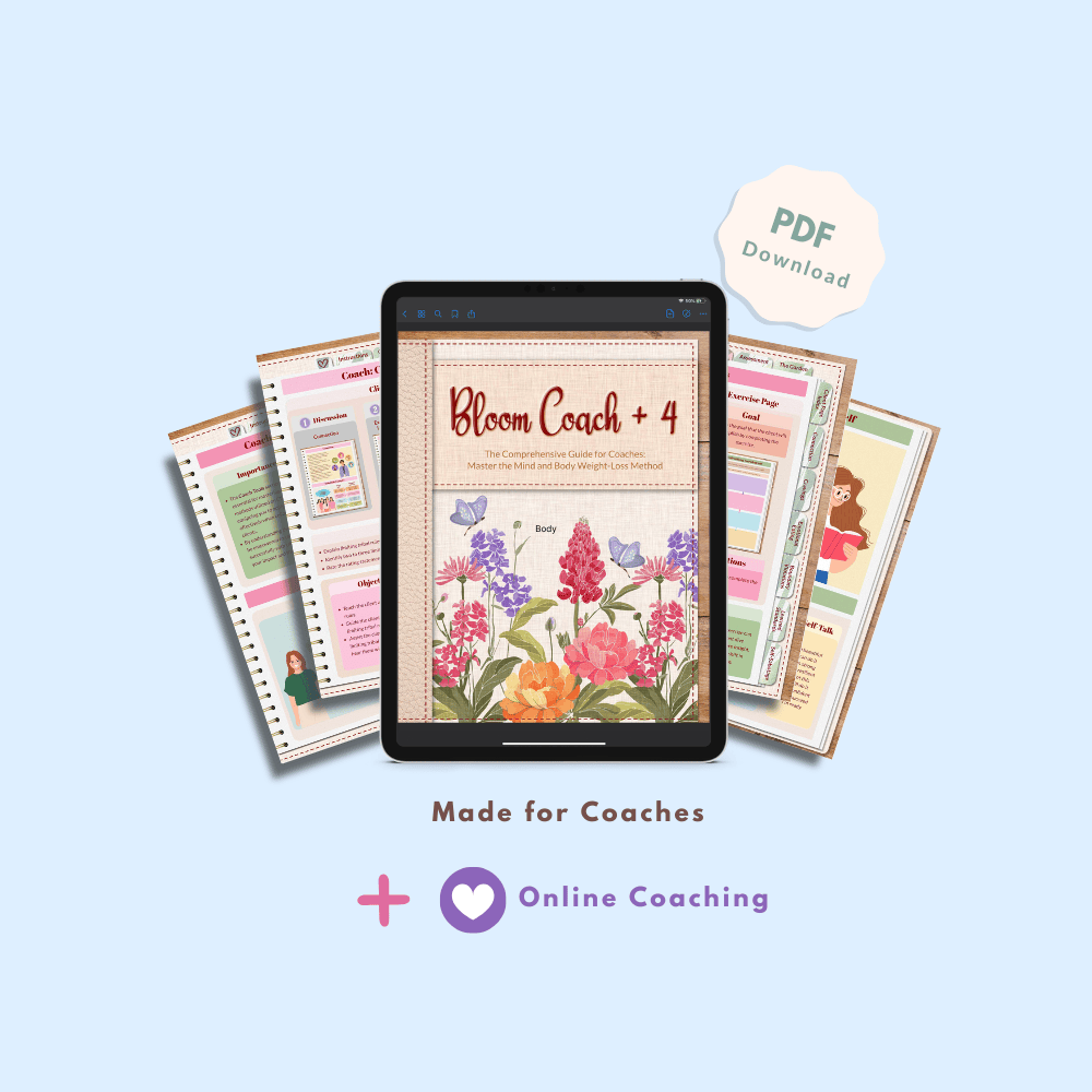 An iPad screen displays a "Bloom Coach + 4" guide with colorful flowers on its cover. Surrounding it are assorted coaching pages. "PDF Download" badge is visible.