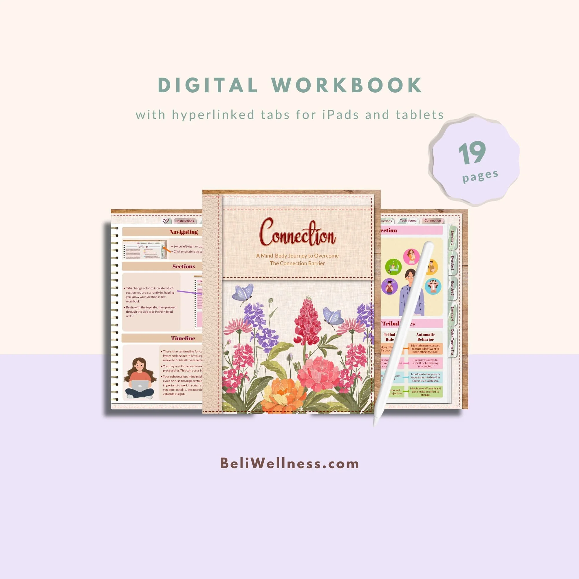 Digital workbook cover titled "Connection" with floral illustrations. Includes 19 pages for iPads, with tabs. Soft pastel colors, calm and inviting.