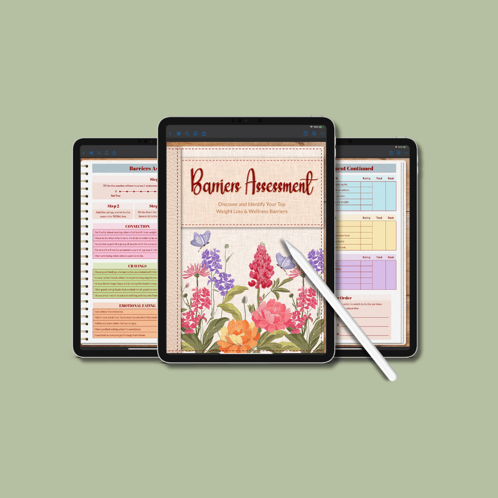 Three tablets display a colorful Barriers Assessment digital planner with floral cover and charts, on a green background.
