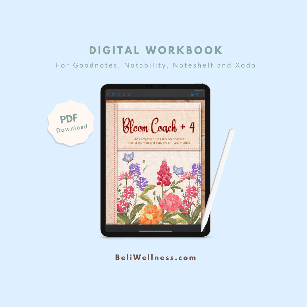 Tablet displaying "Bloom Coach" workbook cover with colorful flowers. Background text reads "Digital Workbook" for note-taking apps. Soft, inviting tone.