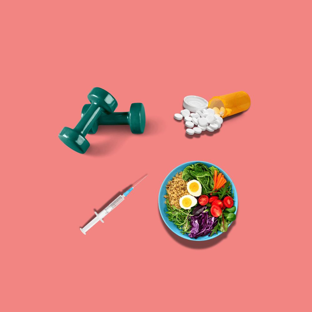 Green dumbbells, white pills from a yellow bottle, a syringe, and a vibrant salad bowl are arranged on a solid pink background.