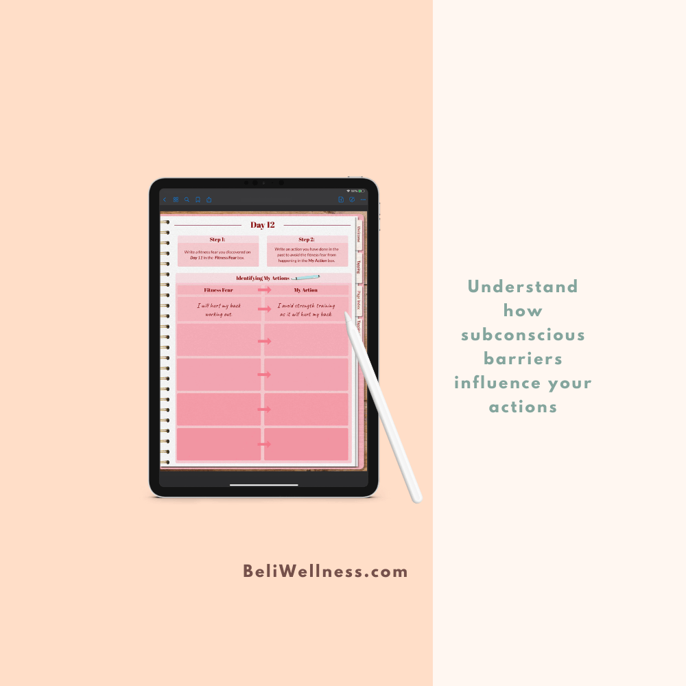 A tablet displays a pink digital planner with sections for identifying fears and actions. Text on the side reads, "Understand how subconscious barriers influence your actions."