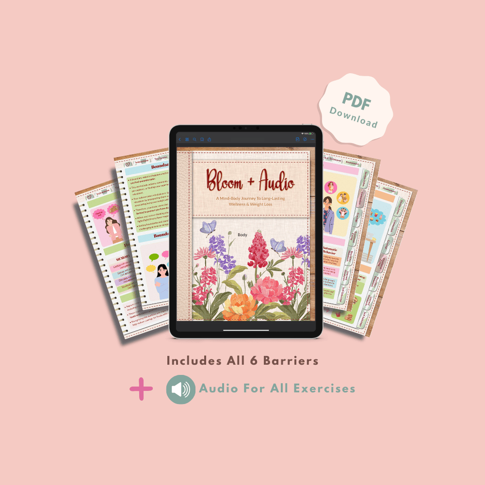 Tablet displaying "Bloom + Audio" cover with colorful flowers, surrounded by illustrated wellness pages. Text mentions six barriers and audio exercises, with a calming pink background.
