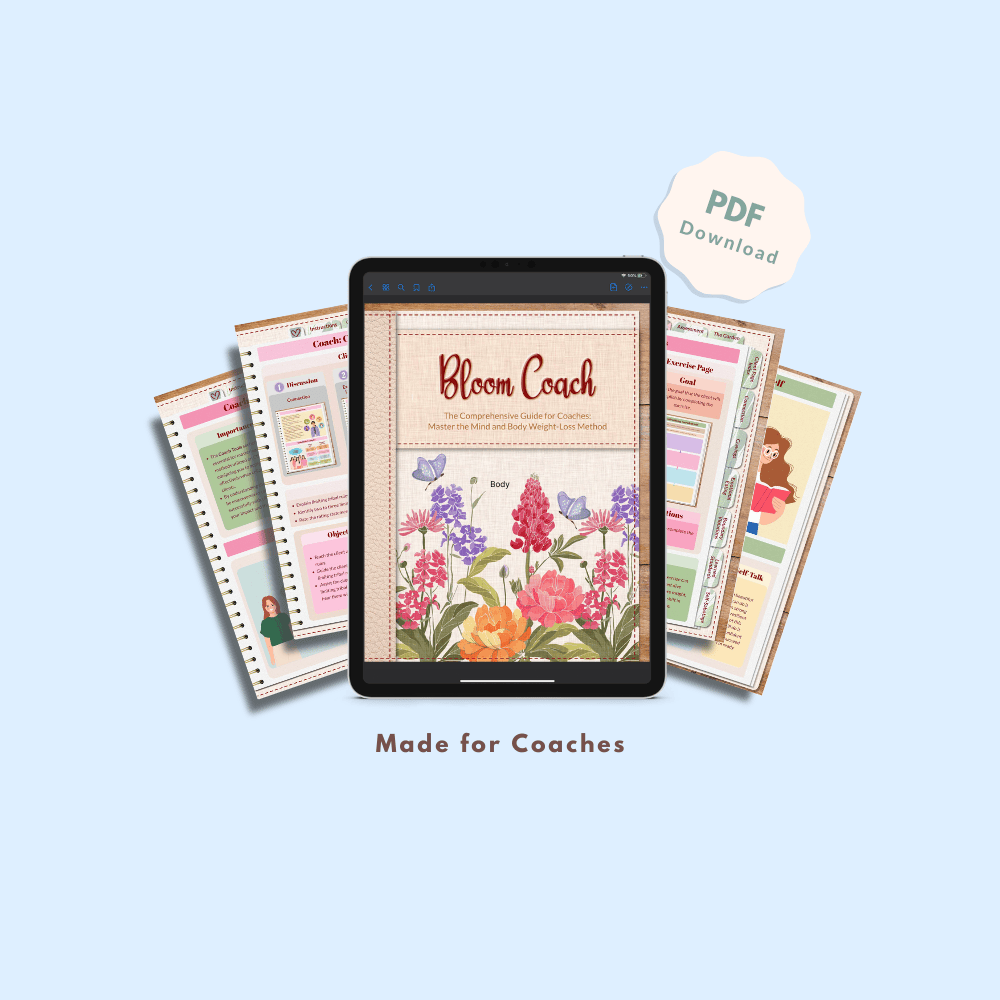 An iPad screen displays a "Bloom Coach" guide with colorful flowers on its cover. Surrounding it are assorted coaching pages. "PDF Download" badge is visible.