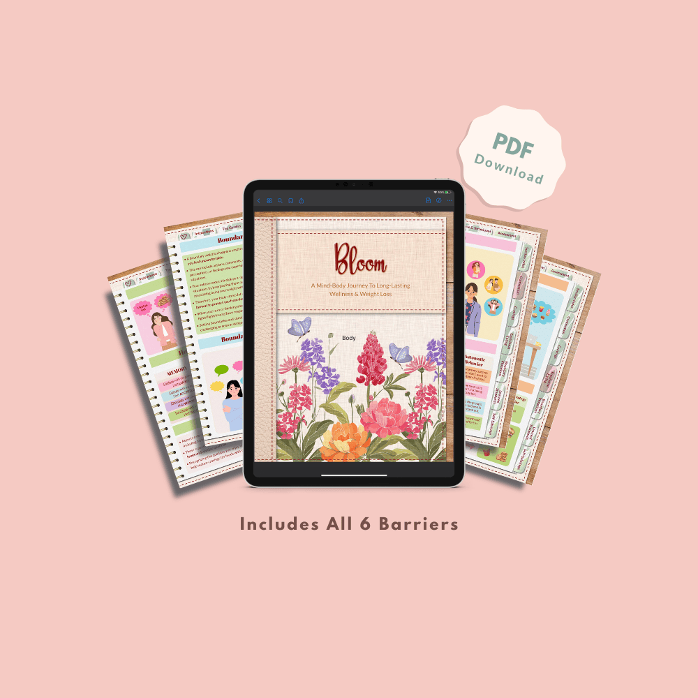 Tablet displaying "Bloom" cover with colorful flowers and butterflies, surrounded by vibrant wellness and weight loss printouts. Text reads "PDF Download" and "Includes All 6 Barriers."