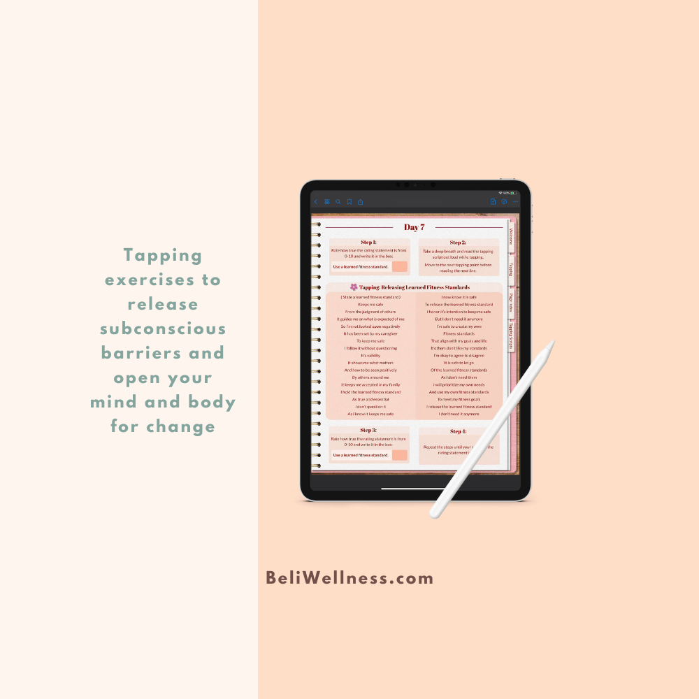 Tablet displaying a wellness workbook with tapping exercises. Text on the left reads, “Tapping exercises to release subconscious barriers.” Pen nearby.
