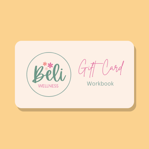 Gift card on peach background with "Beli Wellness" in green and pink text, floral accents, and words "Gift Card Workbook" in elegant script.