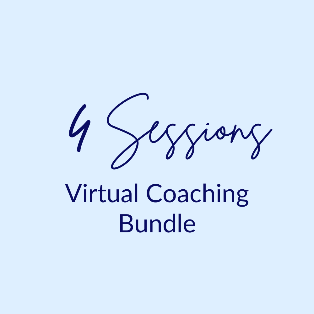 Text on a light blue background reads "4 Sessions" in elegant script and "Virtual Coaching Bundle" in bold font, suggesting a professional tone.