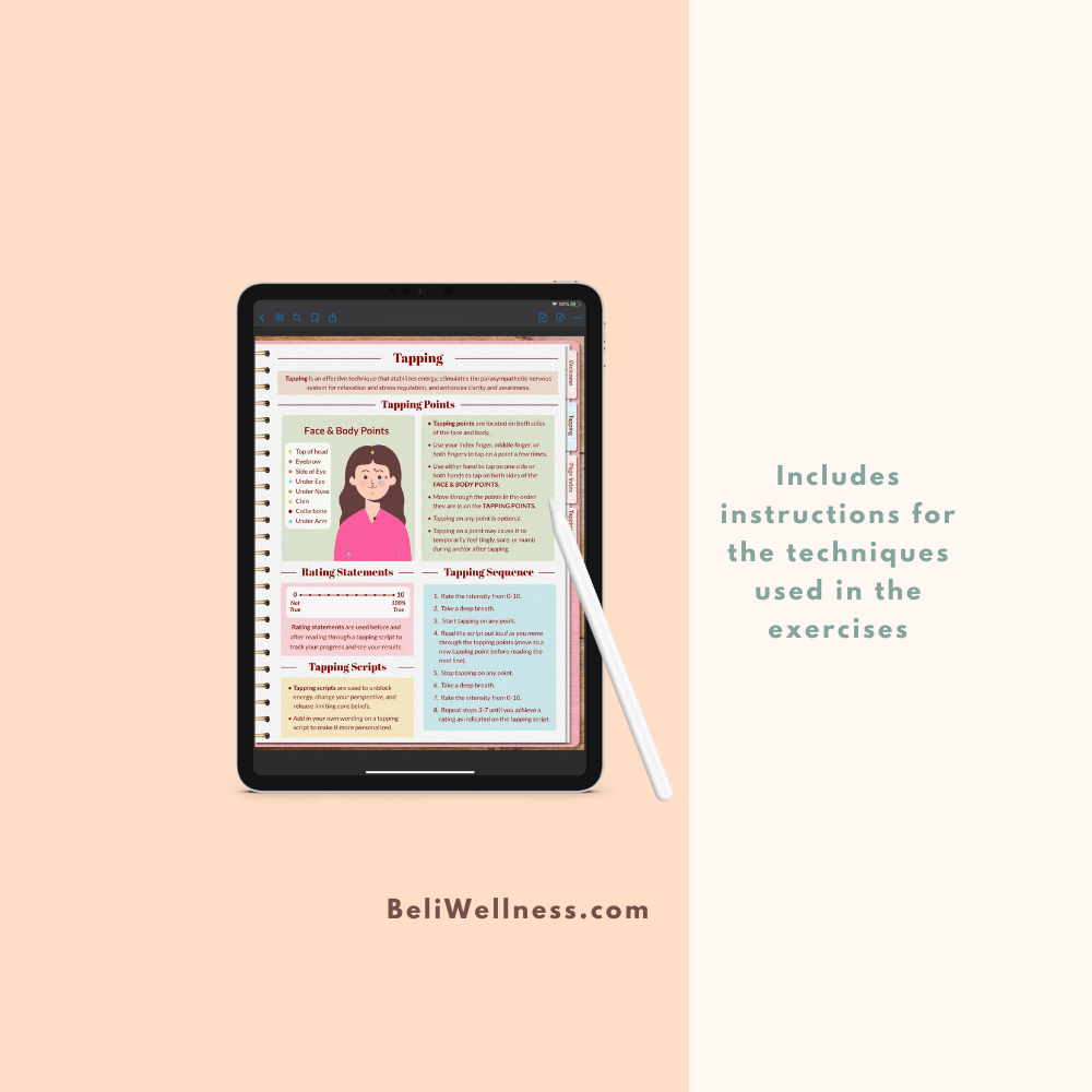 Tablet displaying a digital guide on tapping techniques with colorful sections and an illustration. Stylus nearby. Text: "Includes instructions for exercises."