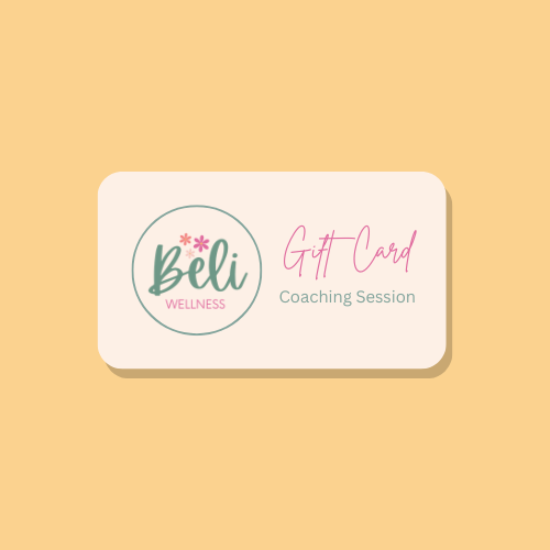 Gift card with "Beli Wellness" logo featuring stars, and text "Gift Card Coaching Session." Soft pink and green tones on a peach background.