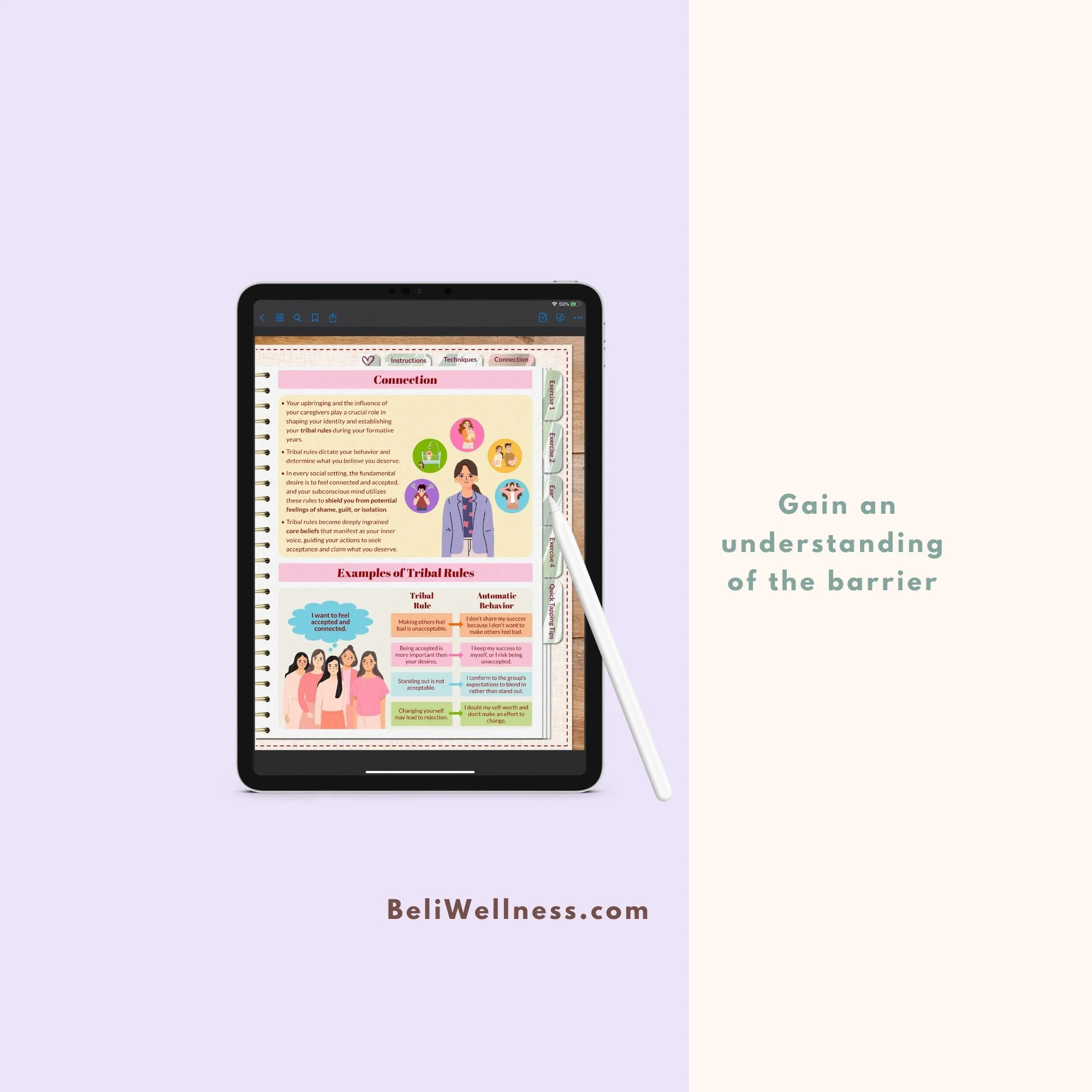 A tablet displays colorful infographics on connection and tribal rules, accompanied by a stylus. Text reads "Gain an understanding of the barrier" and "BeliWellness.com"