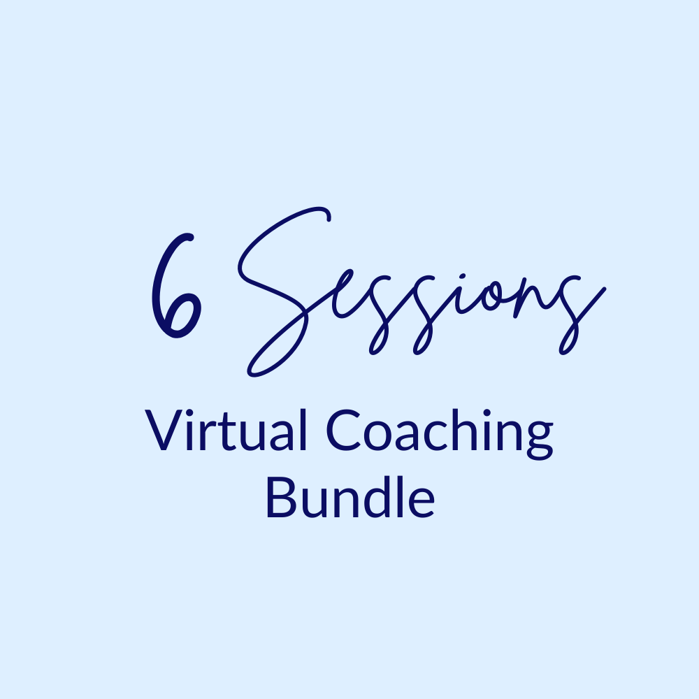 Text on a light blue background reads "6 Sessions" in elegant script and "Virtual Coaching Bundle" in bold font, suggesting a professional tone.