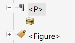 Paragraph symbol next to <p> tag that appears before the <figure> tag. There is a box symbol underneath the <p> tag that is empty (does not have a tag next to it).