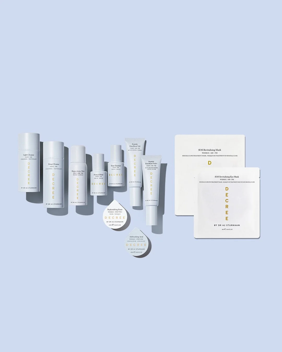 Collection of skincare and facial products, including cleansers, masks, primer, and eye masks, arranged on a light blue background.