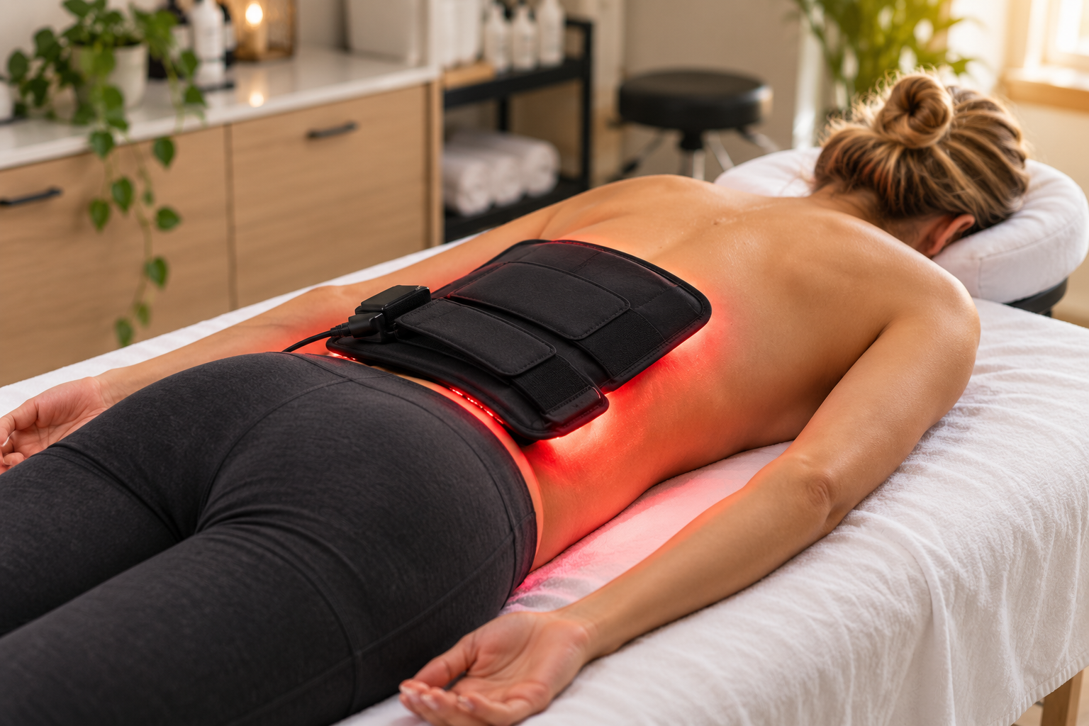Woman receiving Triwave light therapy on her lower back at Stretch Kinetics in Atlanta