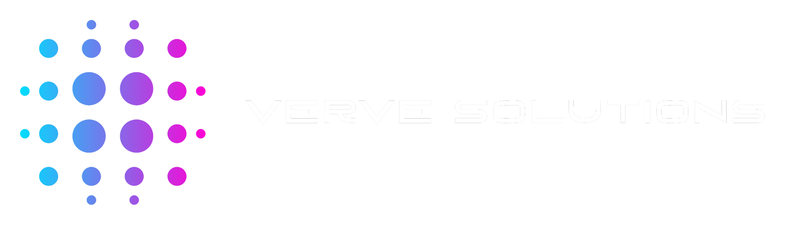 Verve Solutions logo featuring twenty-four circles arranged in six rows, varying in color from light blue and light purple to purple, hot pink, and pink, positioned to the left of the company name in white text on a dark blue background.