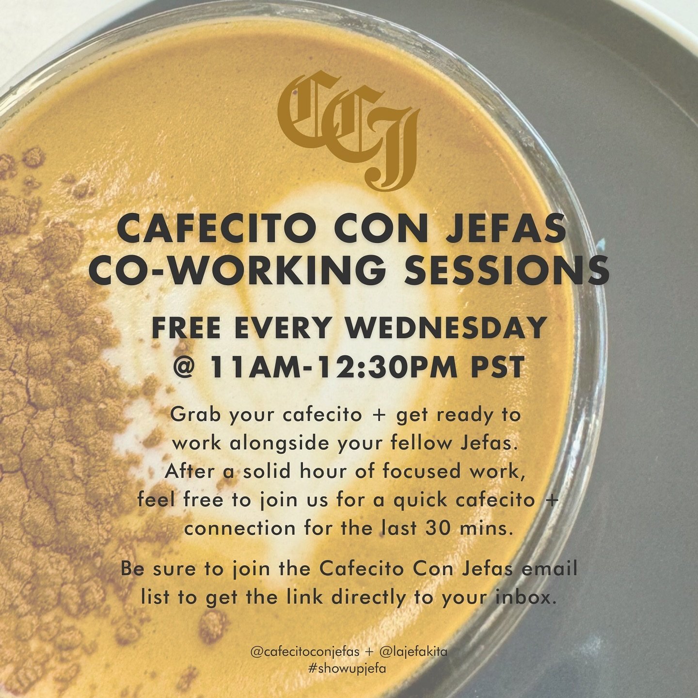 FREE EVERY WEDNESDAY Cafecito + Coworking sessions from 11am-12:30pm PST ☕️👩🏽&zwj;💻 

If you haven&rsquo;t joined our weekly cafecito + coworking sessions, you should. I&rsquo;m SUPER biased, but this space is designed to help alleviate the loneli