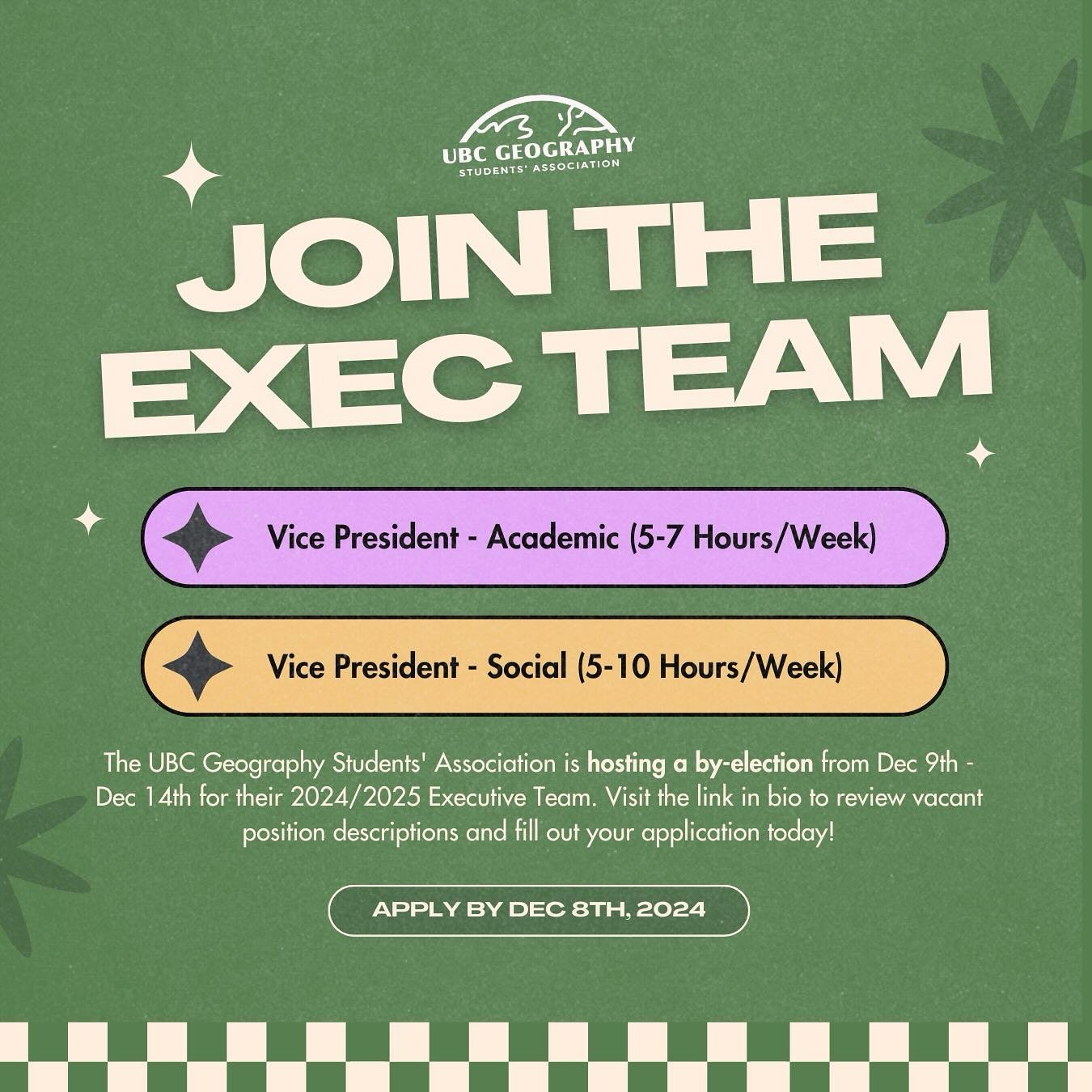 Want to become a GSA Executive? 🌎✨

The UBC Geography Students&rsquo; Association is currently accepting applications for the VP Academic &amp; VP Social positions on the 2024/25 Executive Team (Term 2)! 🙌 If you&rsquo;re interested in getting more