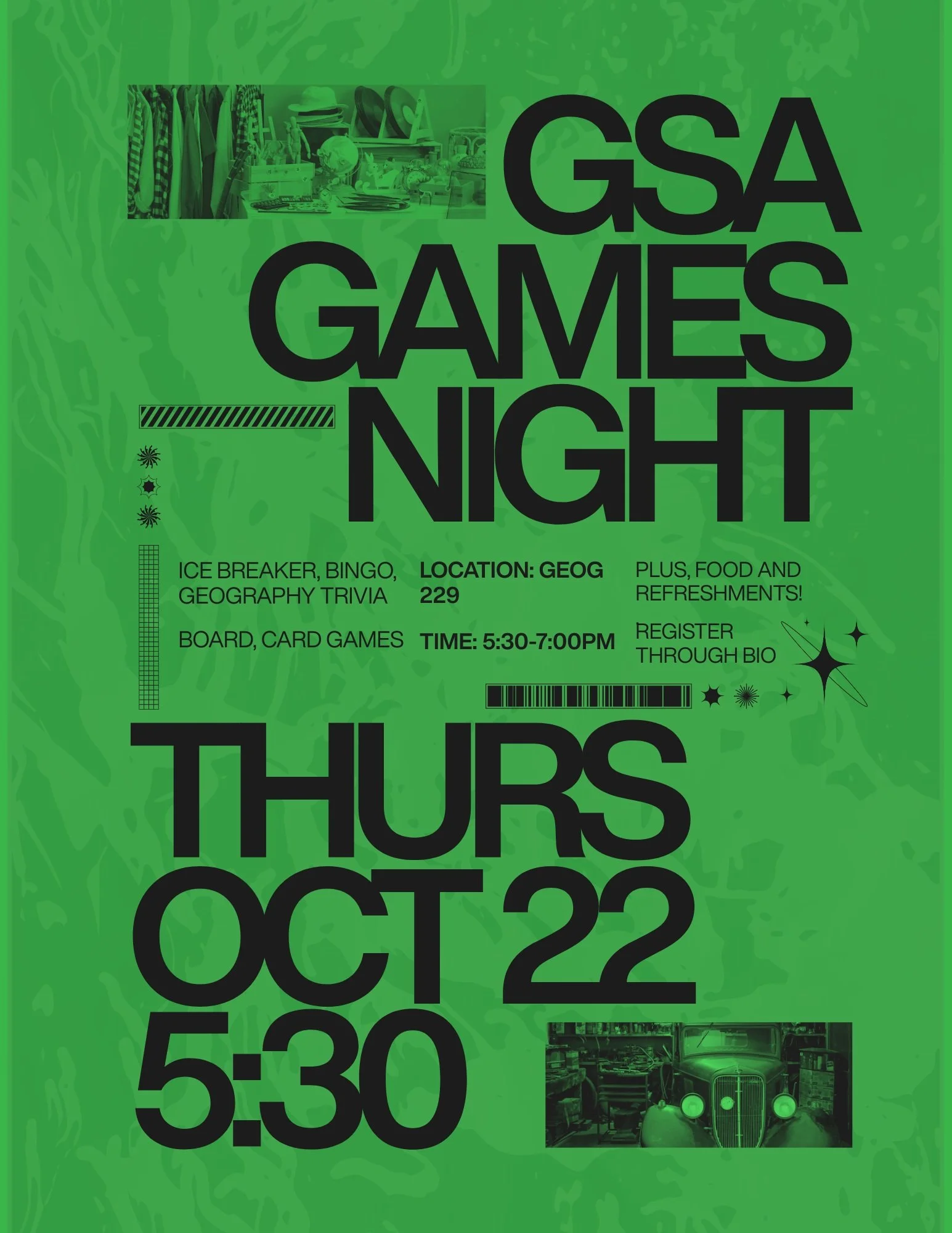 Reminder of our long awaited event 👀 GSA Games Night will take place THIS Thursday, October 19 in GEOG 229. Slots are limited, register through our bio!!!!!