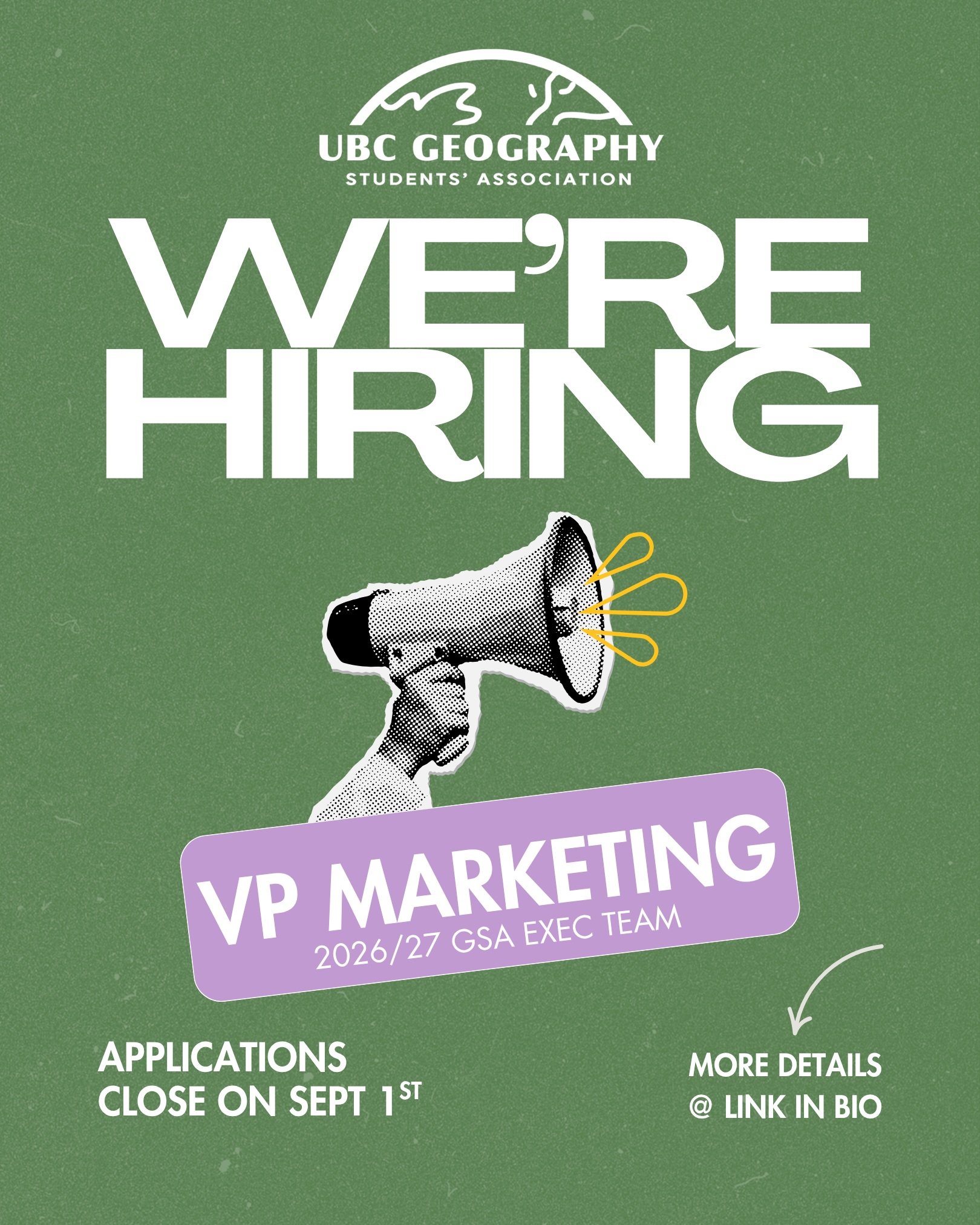 Are you a UBC student looking to get involved in your community? 🤔🤝

We&rsquo;re hiring for a key role in the GSA: VP Marketing! 

Join a fun and dynamic team dedicated to delivering a memorable student experience through all facets of university l