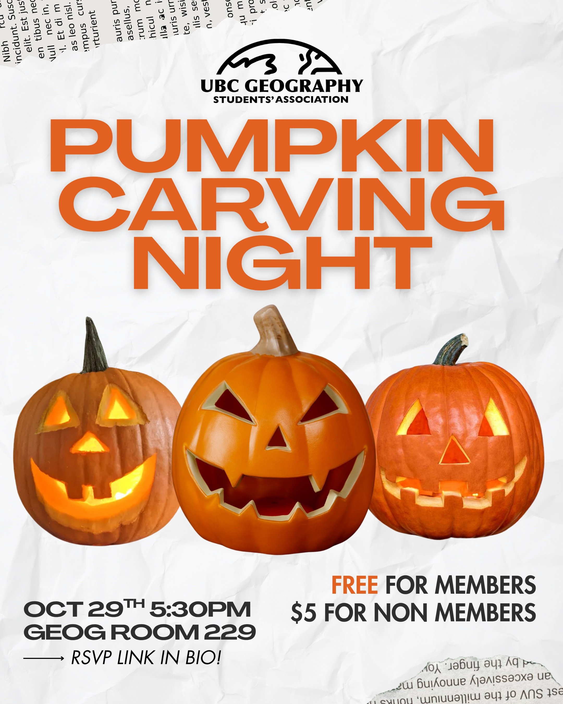 With Halloween on the horizon, it&rsquo;s time for the GSA&rsquo;s Annual Pumpkin Carving Night! 🎃🐈&zwj;⬛🌙

Come join us for some spooky festivities this Thursday, Oct 29th at 5:30pm! There will be pumpkin carving, music, snacks, and socializing! 