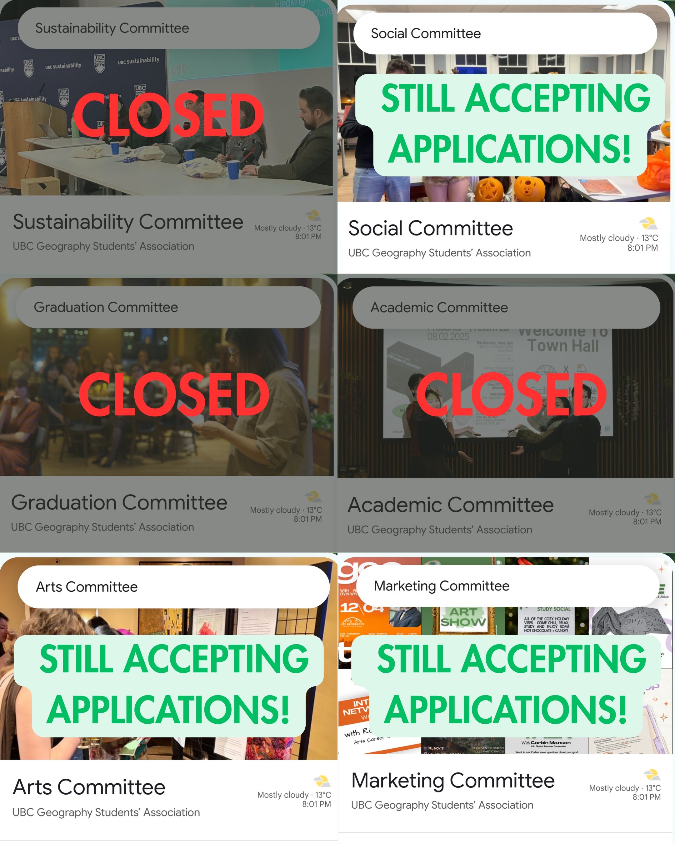 There are still a few spots remaining for some of our committees! If you want to help develop our social media presence or plan social or art events, we recommend joining the Arts, Social, or Marketing Committees! For more information, check the link