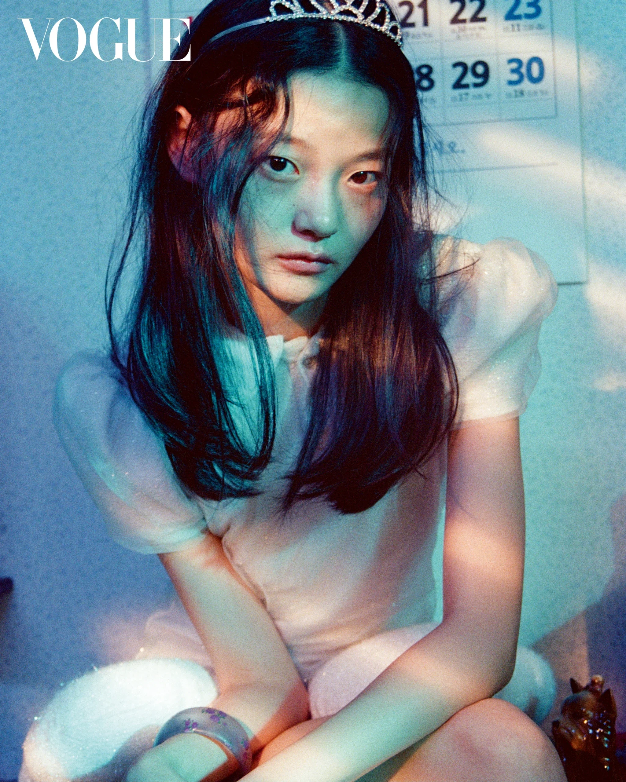 VOGUE KOREA August Print Issue by Petra Collins wearing Tulle Bodysuit with Stower Belt and Bongji Bangles 